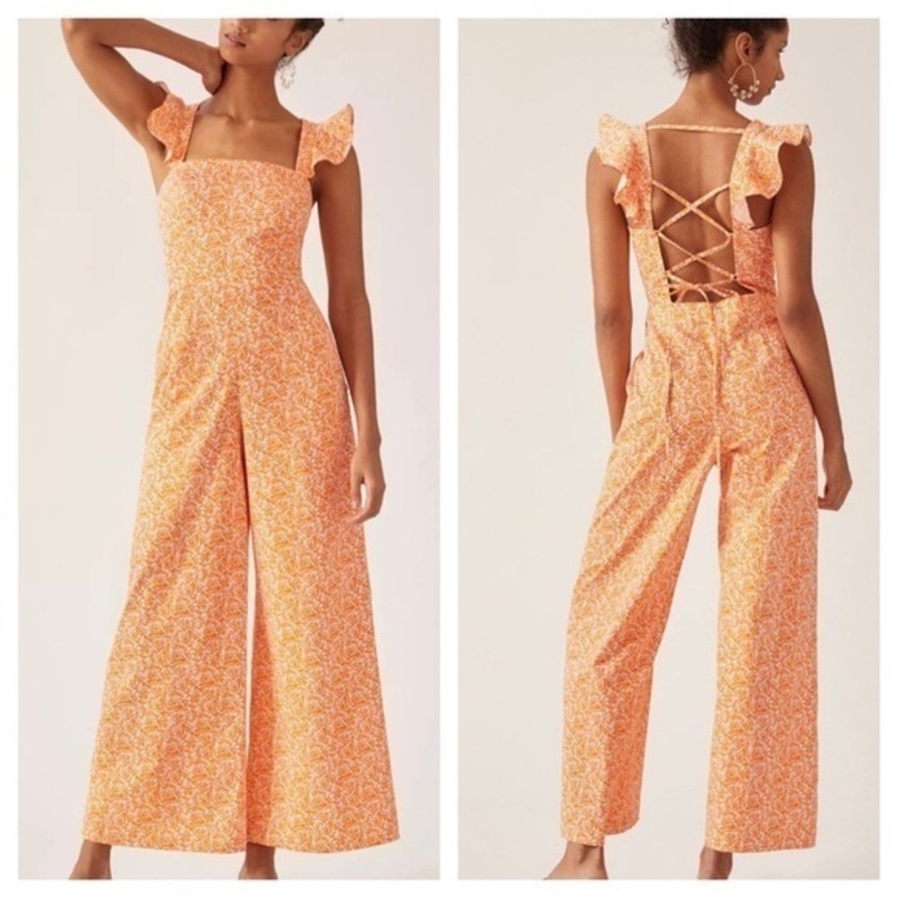 Anthropologie Hutch Orange Matchsticks Jumpsuit Lace Up Back Large